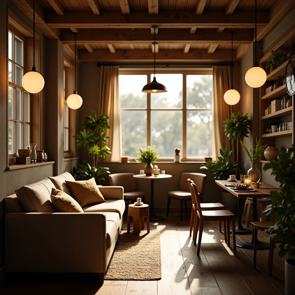 Prompt: Cozy coffee shop, warm ambiance, softbox lighting, pendant lamps, wooden accents, comfy sofas, rustic tables, natural textiles, earthy tones, creamy colors, golden hues, warm white lights, subtle shadows, shallow depth of field, 1/1 composition, intimate atmosphere, relaxing mood, morning sunlight, gentle glow, candlelit corners.