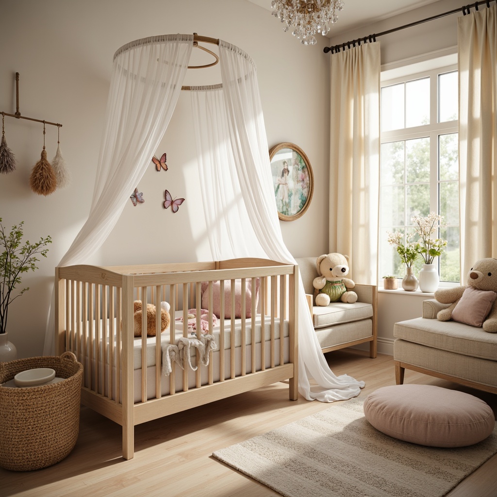 Prompt: Whimsical nursery, soft pastel colors, delicate florals, gentle butterflies, crib with canopy, plush toys, woven basket, natural wood furniture, vintage-inspired decorations, distressed finishes, warm beige curtains, cozy reading nook, oversized stuffed animals, mobile with feathers, creamy whites, gentle glow lighting, shallow depth of field, 1/1 composition, soft focus, romantic ambiance.