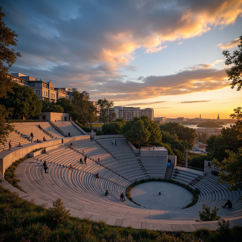 Prompt: Modern amphitheater, sleek curved lines, open-air seating, vibrant evening sky, warm golden lighting, natural stone steps, lush greenery surroundings, urban landscape views, bold architectural accents, dynamic color palette, deep blues, energetic oranges, bright whites, neutral grays, warm beige tones, subtle texture contrasts, atmospheric mist effects, 1/1 composition, cinematic lens flares.