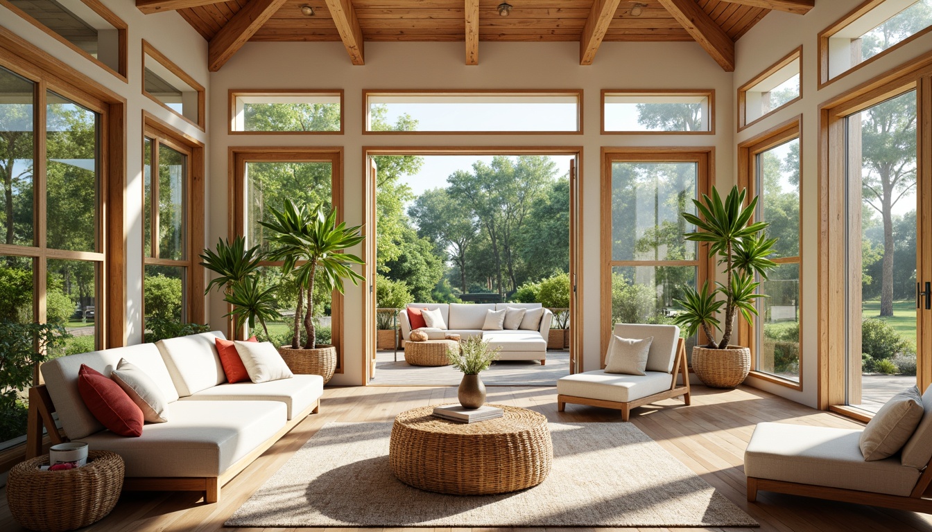 Prompt: Vibrant sunroom, warm natural light, bright cheerful colors, soothing pastel hues, creamy whites, soft blues, calming greens, earthy terracotta tones, rustic wooden accents, lush greenery views, outdoor connections, glass doors, modern architecture, cozy seating areas, textured fabrics, comfortable furnishings, relaxing ambiance, soft warm lighting, shallow depth of field, 1/1 composition, realistic textures.