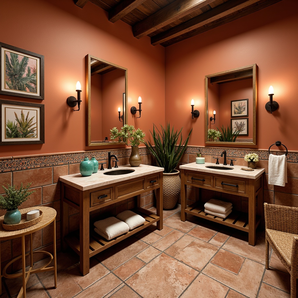 Prompt: Southwestern-inspired powder room, warm terracotta walls, ornate Talavera tiles, rustic wooden vanities, distressed metal accents, woven rattan furniture, vibrant turquoise glass decor, pampas grass arrangements, desert botanical prints, ambient candle lighting, shallow depth of field, 1/2 composition, warm golden hour, soft natural textures, earthy color palette.