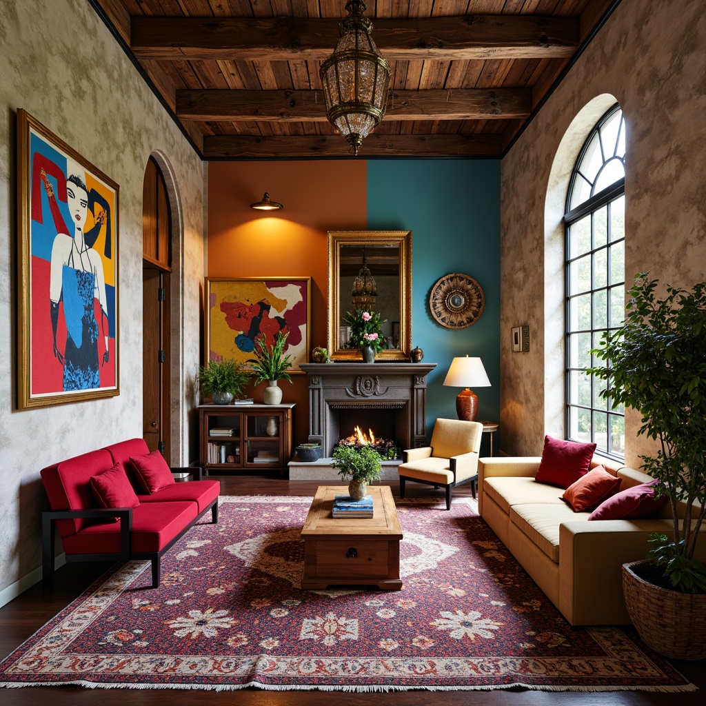 Prompt: Richly patterned rugs, bold colored accent walls, ornate metalwork, eclectic mix of furniture styles, vibrant abstract artwork, decorative archways, asymmetrical room layouts, playful use of columns, irregularly shaped windows, warm task lighting, distressed wood finishes, rough-hewn stone accents, plush velvet upholstery, statement light fixtures, oversized potted plants, dramatic ceiling treatments, ornate mirrors, postmodern architectural elements, whimsical accessories, bold geometric patterns, luxurious fabrics, abstract sculptures.