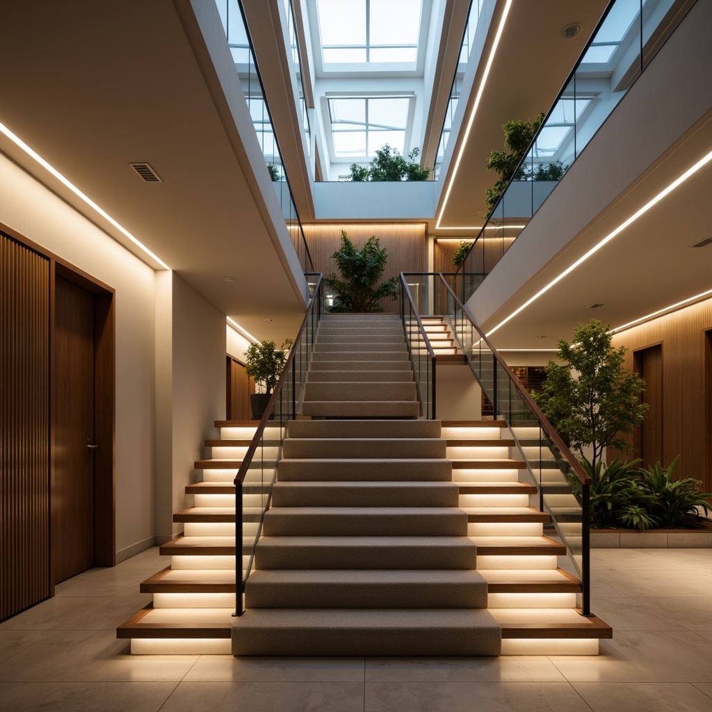 Prompt: Sleek modern staircase, minimalist design, low-profile handrails, glass or metal balusters, LED strip lighting, warm white ambiance, indirect illumination, recessed lights, floating steps, open risers, wooden or stone treads, carpeted or hardwood landings, spacious atrium, natural daylight, dramatic shadows, 1/2 composition, soft focus, subtle glow.