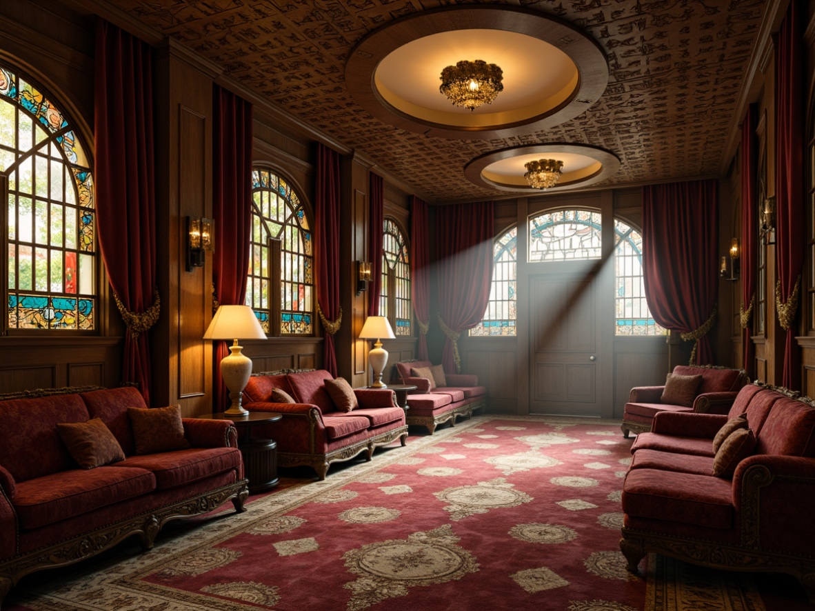 Prompt: Luxurious basement interior, ornate Art Nouveau patterns, velvet drapes, golden accents, rich wood paneling, curved lines, flowing organic shapes, jewel-toned stained glass windows, intricate metalwork, soft warm lighting, dramatic shadows, mysterious ambiance, atmospheric fog effect, 1/1 composition, shallow depth of field, realistic textures, ambient occlusion.