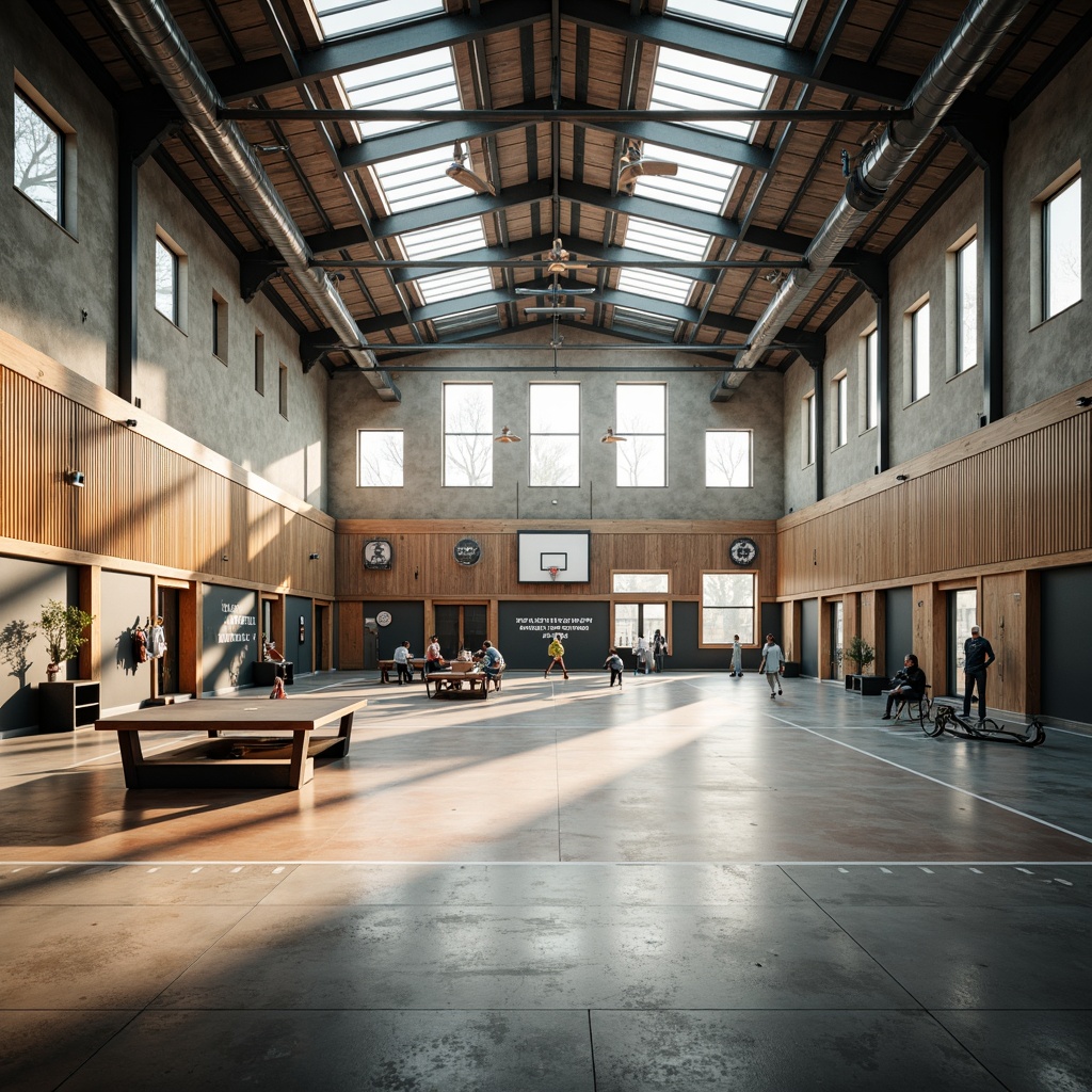 Prompt: Spacious gymnasium interior, natural light pouring in, clerestory windows, high ceilings, exposed ductwork, industrial chic aesthetic, polished concrete floors, wooden accents, minimalist seating areas, motivational quotes, athletic equipment displays, basketball courts, tennis tables, free weights, exercise machines, mirrored walls, soft warm lighting, shallow depth of field, 3/4 composition, panoramic view, realistic textures, ambient occlusion.