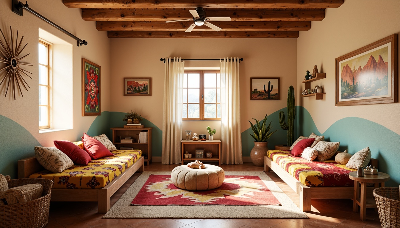 Prompt: Vibrant kids' room, southwestern style, warm beige walls, turquoise accents, bold red and yellow patterns, rustic wooden furniture, woven textiles, colorful Navajo-inspired blankets, plush toys, educational wall art, natural light, soft warm glow, cozy reading nook, built-in shelving, earthy terracotta flooring, creamy white curtains, playful cactus decorations, whimsical desert landscape mural, 1/2 composition, soft focus, warm color grading.