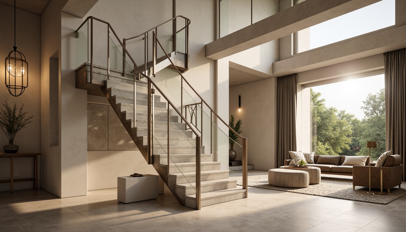 Prompt: Luxurious interior, modern staircase, elegant balustrades, sleek metal handrails, curved glass panels, polished chrome accents, minimalist design, open-plan living area, high ceilings, marble flooring, ambient lighting, soft warm glow, shallow depth of field, 1/1 composition, realistic textures, subtle reflections.