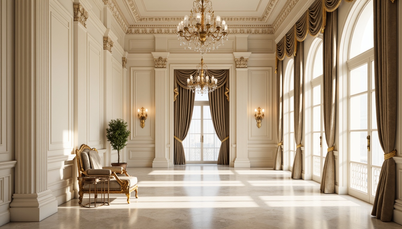 Prompt: Elegant wall paneling, ornate moldings, soft cream colors, subtle texture, classical columns, intricate carvings, luxurious fabrics, velvet drapes, gold leaf accents, crystal chandeliers, high ceilings, symmetrical composition, warm softbox lighting, shallow depth of field, 1/1 aspect ratio, realistic renderings, ambient occlusion.