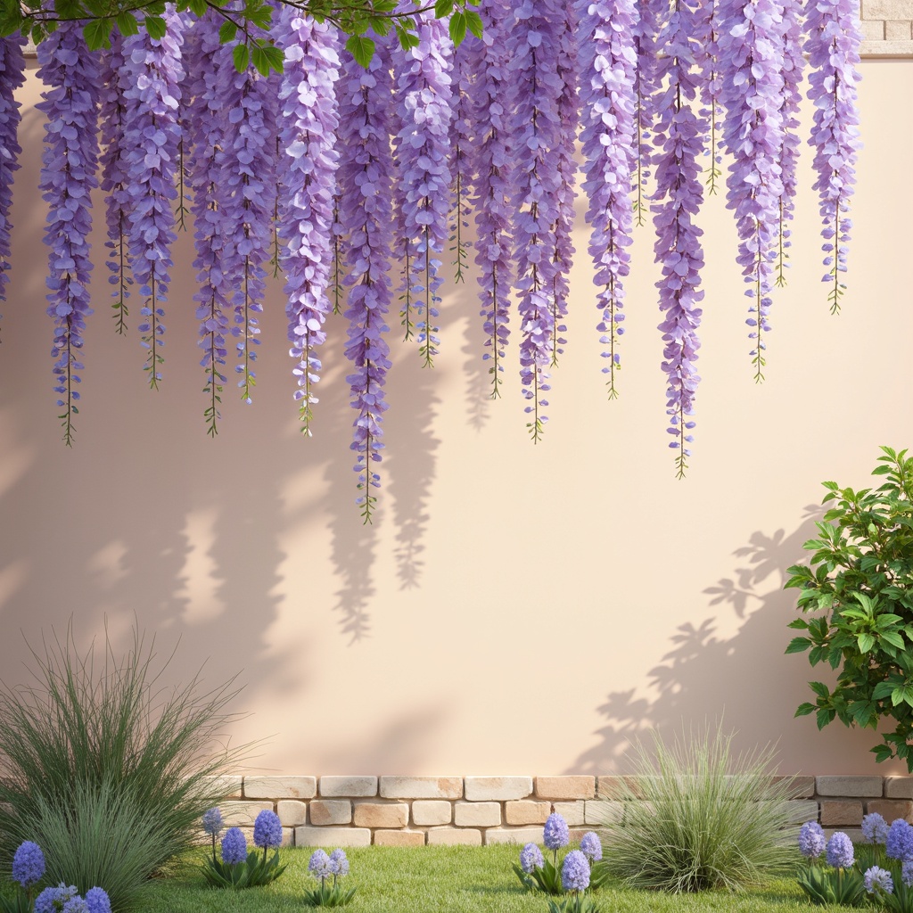 Prompt: Soft purple wisteria flowers, delicate petals, pastel lavender hues, gentle peach tones, creamy whites, warm beige backgrounds, natural stone textures, lush greenery surroundings, sunny afternoon light, soft focus, shallow depth of field, 1/1 composition, realistic renderings, ambient occlusion, whimsical illustrations.