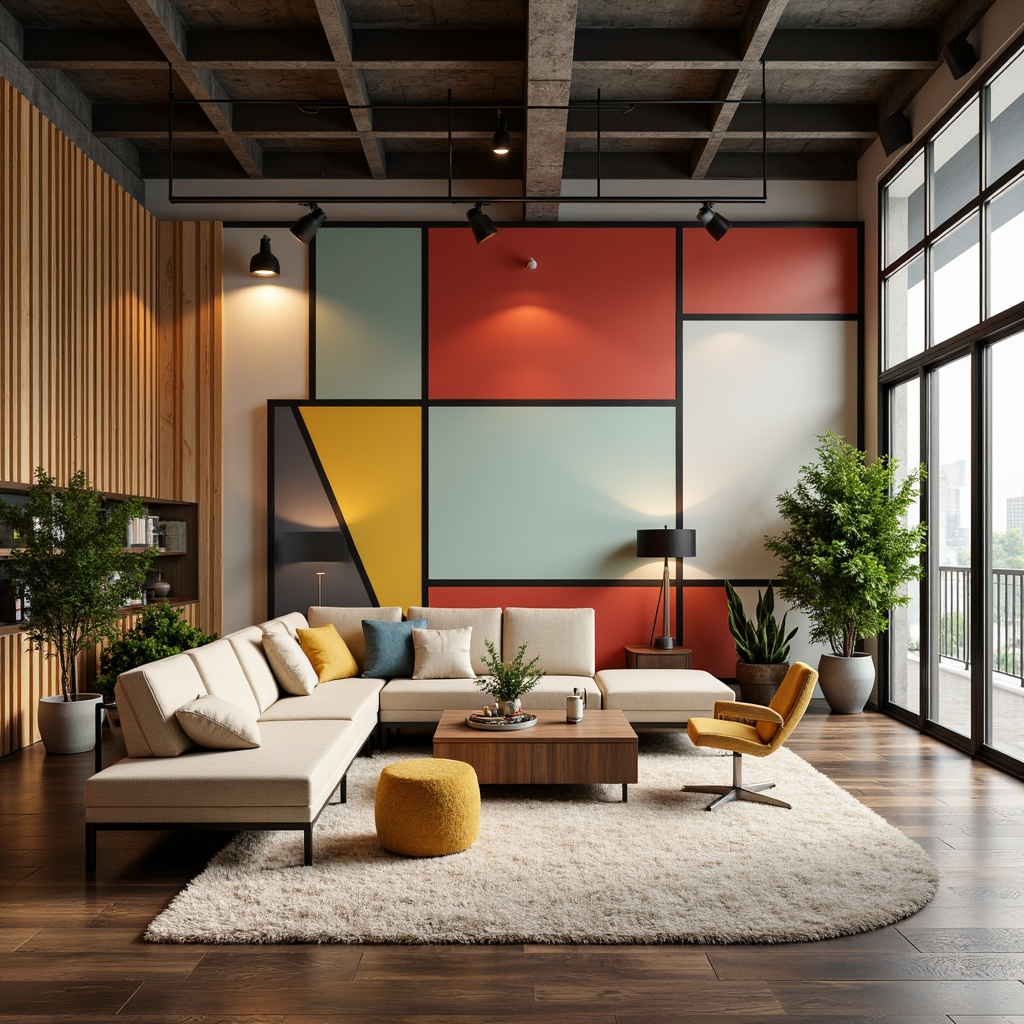 Prompt: Vibrant office space, bold color blocking, statement walls, pastel accents, natural wood tones, industrial metal frames, cozy textiles, plush area rugs, ergonomic furniture, minimalist decor, abundant greenery, floor-to-ceiling windows, soft warm lighting, 1/1 composition, shallow depth of field, realistic textures.