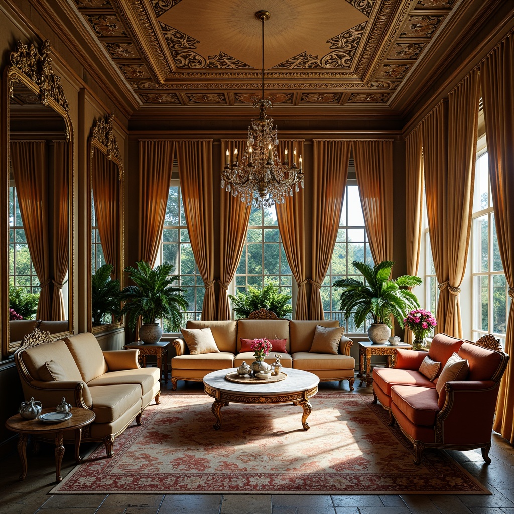 Prompt: Opulent sunroom, lavish furnishings, ornate wooden frames, velvet drapes, golden accents, crystal chandeliers, intricately carved furniture, plush sofas, majestic armchairs, marble coffee tables, luxurious rugs, rich tapestries, grandiose mirrors, Baroque-style patterns, ornamental vases, exotic plants, natural stone flooring, soft warm lighting, dramatic shadows, 1/1 composition, intimate atmosphere, realistic textures.