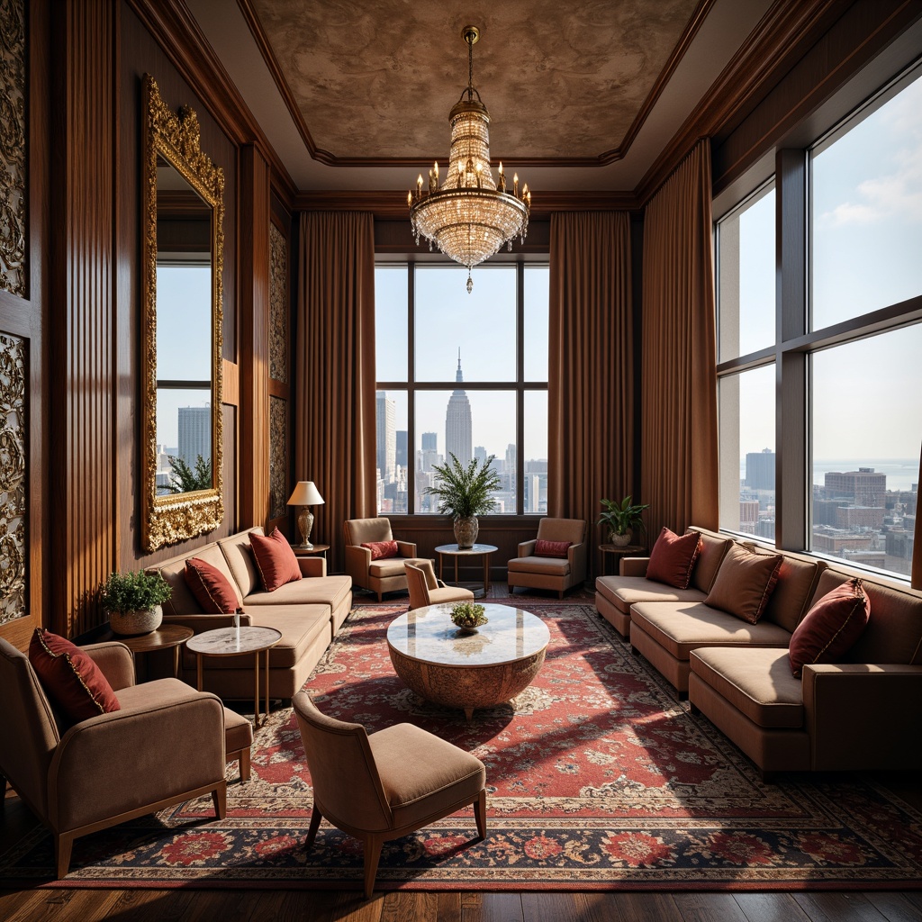 Prompt: Luxurious penthouse interior, classicism style, rich wood tones, ornate carvings, velvet upholstery, tufted sofas, marble coffee tables, crystal chandeliers, floor-to-ceiling windows, city skyline views, soft warm lighting, shallow depth of field, 3/4 composition, realistic textures, ambient occlusion, elegant armchairs, intricately patterned rugs, ornamental mirrors, gilded frames, lavish drapery, sumptuous bedding, opulent decorative accents.