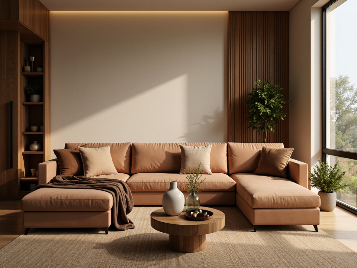 Prompt: Cozy living room, plush velvet sofa, soft cashmere throw blankets, warm beige walls, rich walnut wood accents, modern minimalist coffee table, elegant glass vases, fresh greenery, natural fiber rugs, subtle texture patterns, earthy color palette, warm golden lighting, shallow depth of field, 1/2 composition, realistic fabric simulations, ambient occlusion.