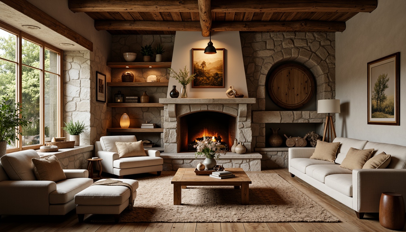 Prompt: Cozy living room, textured stone walls, warm earthy tones, rustic wooden accents, soft plush carpets, comfortable couches, crackling fireplace, vintage decorative items, natural fiber rugs, woven baskets, ambient warm lighting, shallow depth of field, 1/1 composition, realistic textures, subtle normal mapping.