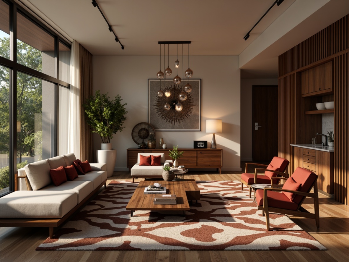 Prompt: Mid-century modern living room, sleek lines, organic shapes, walnut wood furniture, geometric patterned rugs, statement lighting fixtures, sputnik chandeliers, globe pendants, cylindrical table lamps, minimalist ceiling fixtures, warm ambient glow, soft diffused light, 1/1 composition, shallow depth of field, realistic textures, ambient occlusion.