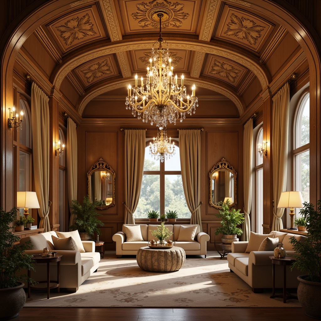 Prompt: Elegant curved lines, ornate details, soft warm glow, candelabra chandelier, crystal droplets, gilded metalwork, velvet drapes, luxurious fabrics, intimate seating areas, rich wood tones, carved wooden paneling, intricate plaster ceiling, delicate lace patterns, romantic ambiance, warm beige colors, subtle sheen, 1/1 composition, dramatic spotlighting, ornate mirror frames, lavish furnishings, French Renaissance influences.