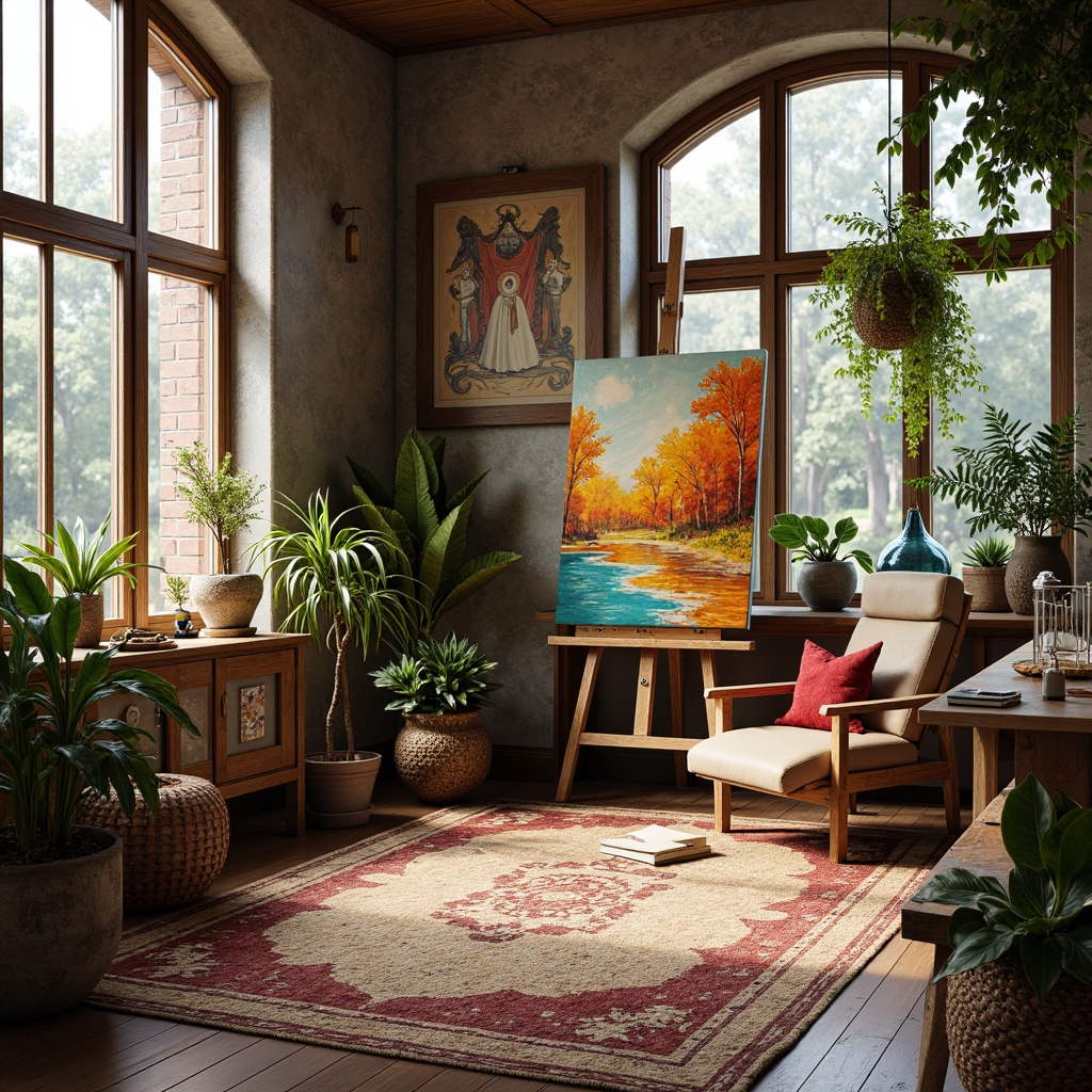 Prompt: Vibrant art studio, abstract expressionism, bold brushstrokes, eclectic color palette, warm golden hues, rich turquoise tones, deep crimson accents, textured canvas, natural wood easel, artistic freedom, Bohemian-inspired decor, oversized windows, soft diffused lighting, 1/1 composition, intimate atmosphere, realistic textures, ambient occlusion.