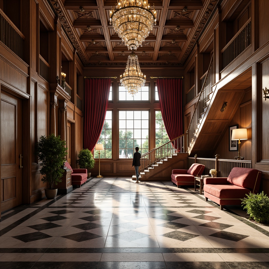 Prompt: Elegant mansion, ornate facades, grand entrance halls, sweeping staircases, marble floors, intricately carved wood paneling, crystal chandeliers, luxurious velvet drapes, richly toned leather furnishings, antique bronze hardware, soft warm lighting, atmospheric shadows, 1/1 composition, detailed textures, realistic reflections.