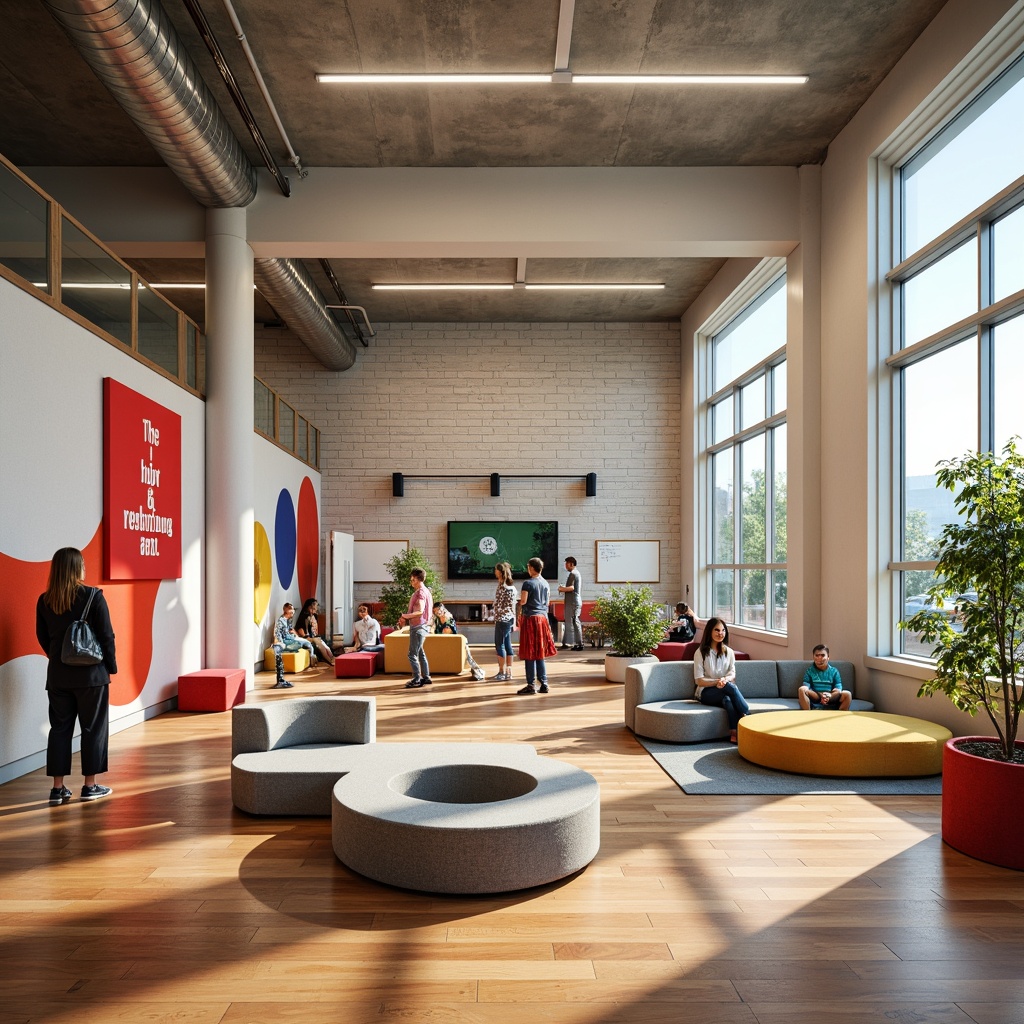 Prompt: Vibrant high school interior, modern furniture, bold color accents, geometric patterns, polished wood floors, minimalist decor, natural light pouring in, large windows, industrial chic lighting fixtures, exposed ductwork, collaborative workspaces, flexible seating arrangements, technology-integrated walls, interactive whiteboards, dynamic textures, accent walls with motivational quotes, youthful energy, playful vibe, warm color scheme, cozy reading nooks, comfortable lounge areas, functional storage solutions.