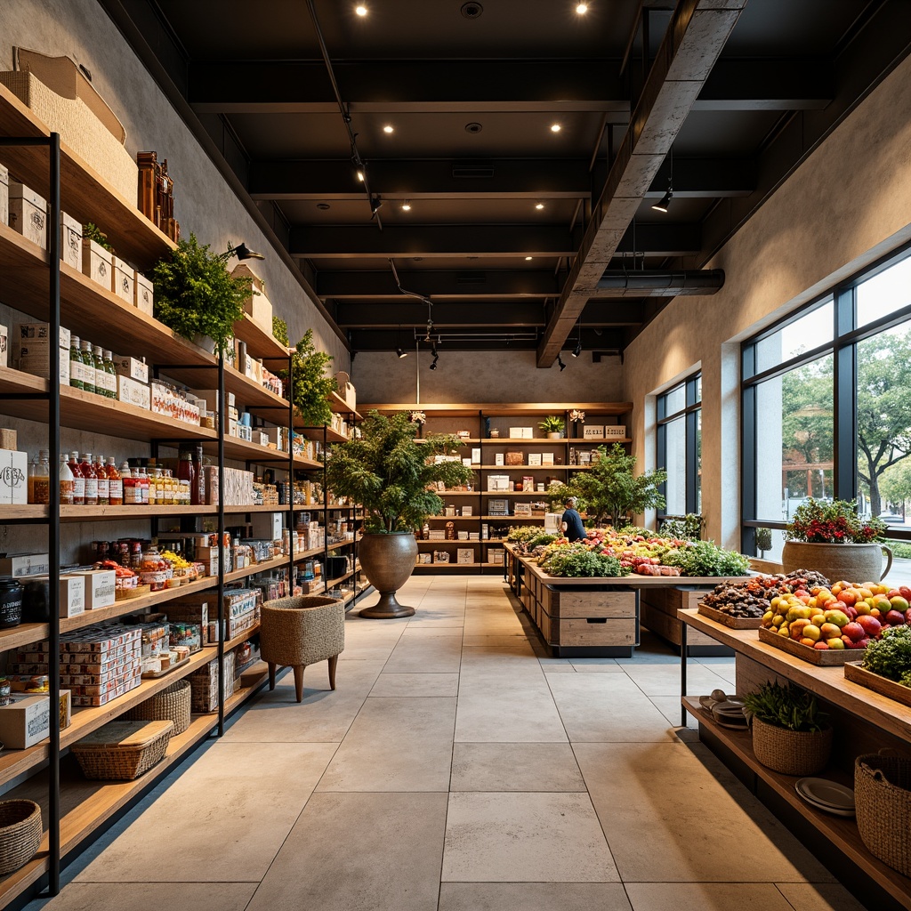 Prompt: Academic-style grocery store, rustic wooden shelves, industrial metal racks, modern minimalist displays, vibrant product packaging, abundant fresh produce, overflowing baskets, artisanal food arrangements, decorative ceramic accents, earthy tone color scheme, natural stone flooring, soft warm lighting, shallow depth of field, 3/4 composition, panoramic view, realistic textures, ambient occlusion.