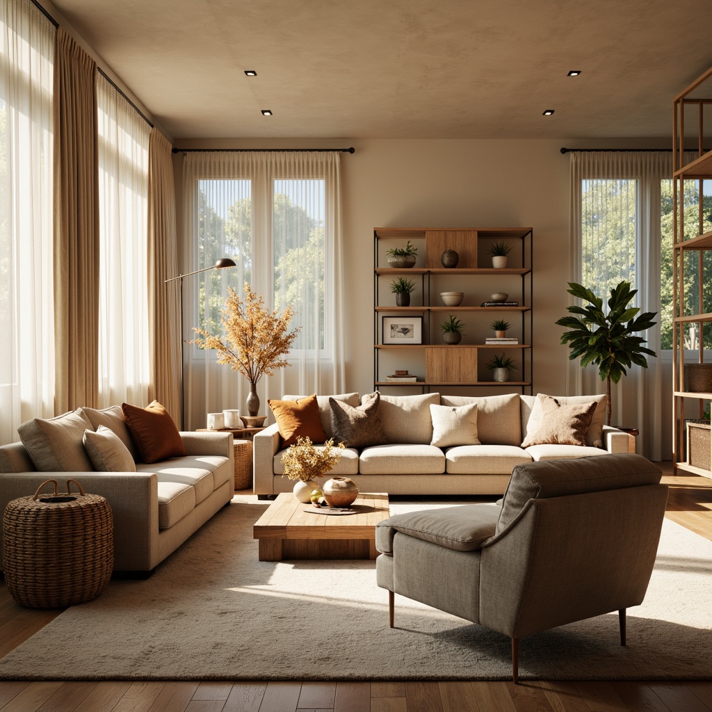 Prompt: Cozy living room, plush couches, oversized armchairs, wooden coffee tables, woven baskets, soft velvet throw pillows, warm beige walls, large windows, natural light, sheer curtains, functional shelving units, minimalist decor, modern simplicity, sleek metal frames, comfortable seating arrangements, intimate conversational areas, soft warm lighting, shallow depth of field, 1/1 composition, realistic textures.