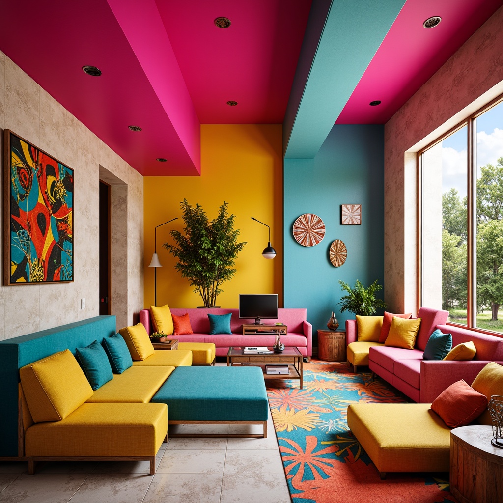 Prompt: Vibrant postmodern interior, eclectic color palette, bold geometric patterns, neon pink accents, electric blue hues, sunshine yellow tones, rich turquoise shades, deep coral reds, warm beige backgrounds, sleek metallic surfaces, glossy finishes, abstract art pieces, retro-futuristic decor, playful textures, whimsical furniture designs, dramatic lighting effects, moody atmospheric ambiance, 1/1 composition, high-contrast color scheme, futuristic materials, innovative architectural elements.