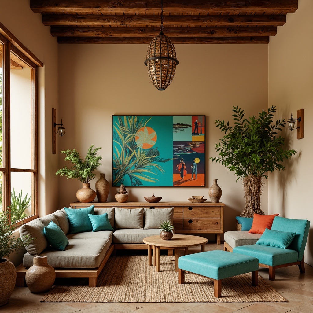 Prompt: Vibrant turquoise accents, bold geometric patterns, rustic wooden furniture, woven Native American-inspired baskets, colorful ceramic vases, desert landscape artwork, soft suede upholstery, earthy terracotta pots, natural jute rug, warm sandy beige walls, statement lighting fixtures, ornate metal hardware, distressed leather armchair, cacti plants, warm golden lighting, shallow depth of field, 1/2 composition, realistic textures, ambient occlusion.