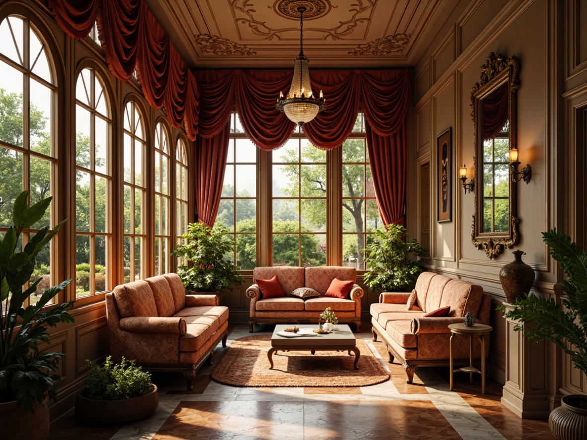 Prompt: Ornate sunroom, lavish furnishings, rich velvet drapes, gilded frames, intricate carvings, marble floors, ornamental mirrors, crystal chandeliers, warm golden lighting, soft focus, shallow depth of field, 1/2 composition, realistic textures, ambient occlusion, luxurious fabrics, metallic accents, Baroque-inspired patterns, bold color contrasts.