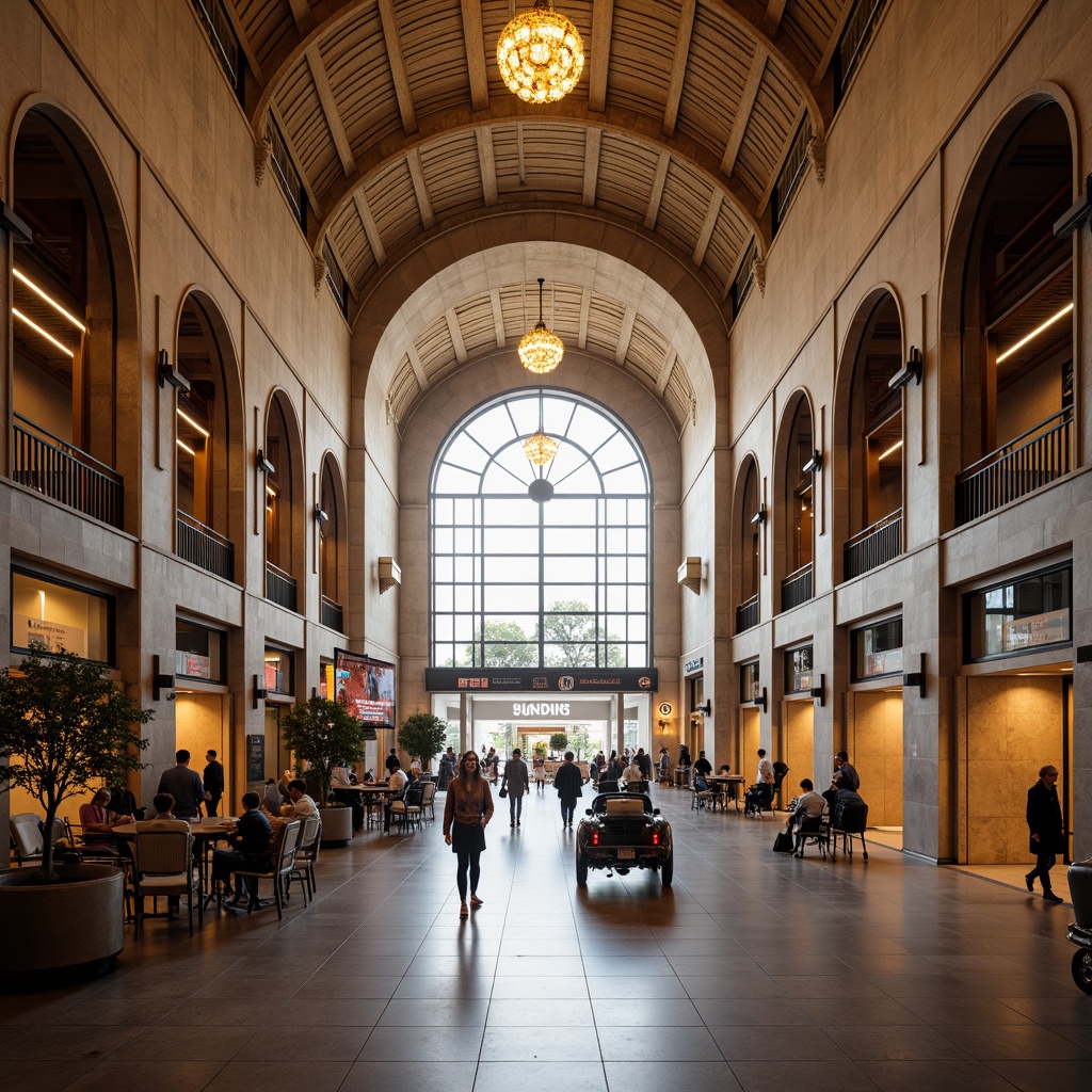 Prompt: Grand airport terminal, high vaulted ceilings, elegant archways, ornate columns, classic stone walls, polished marble floors, luxurious chandeliers, warm golden lighting, sophisticated signage, international flags, bustling crowds, busy luggage carts, airy open spaces, subtle curves, symmetrical composition, soft focus, shallow depth of field, 2/3 composition, realistic textures, ambient occlusion.