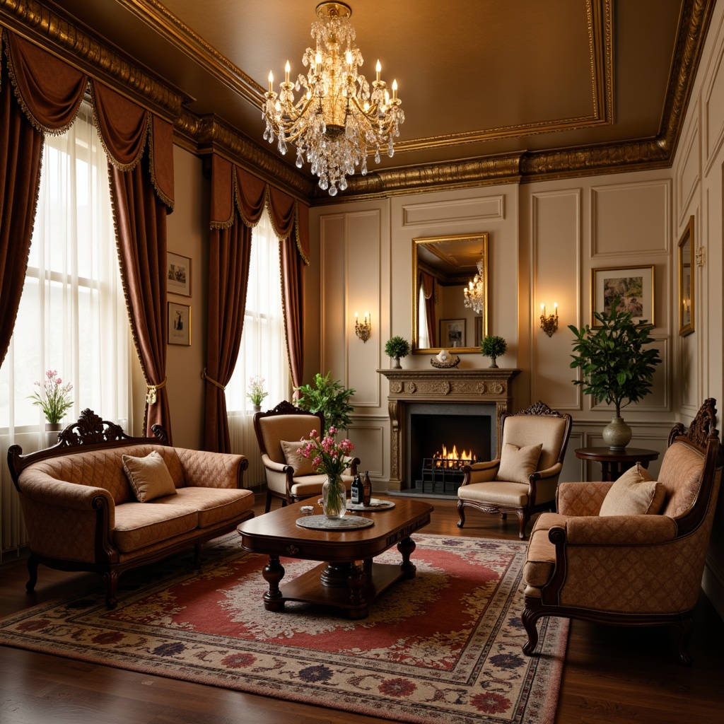 Prompt: Elegant living room, ornate wooden furniture, velvet upholstery, rich brown leather sofas, antique armchairs, carved wooden coffee tables, intricately patterned rugs, warm beige walls, crystal chandeliers, luxurious drapery, golden accents, soft warm lighting, shallow depth of field, 2/3 composition, realistic textures, ambient occlusion.