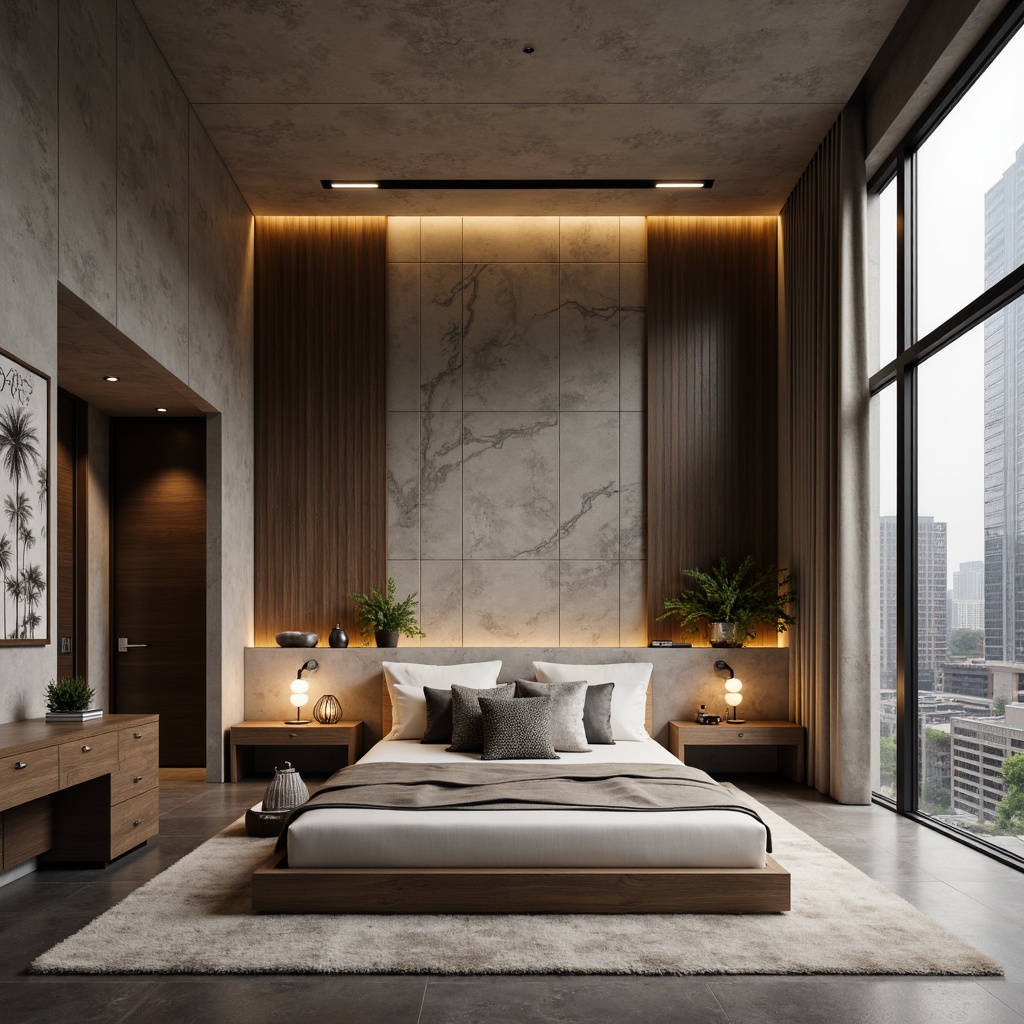 Prompt: Minimalist bedroom, soft warm lighting, calming atmosphere, textured walls, geometric patterns, 3D wall panels, wooden accent walls, industrial chic concrete finishes, nature-inspired murals, floor-to-ceiling drapes, luxurious fabrics, plush area rugs, modern metallic accents, sleek LED light strips, cozy reading nooks, urban loft-style windows, dramatic ceiling heights, abstract artwork, monochromatic color schemes, subtle texture contrasts.