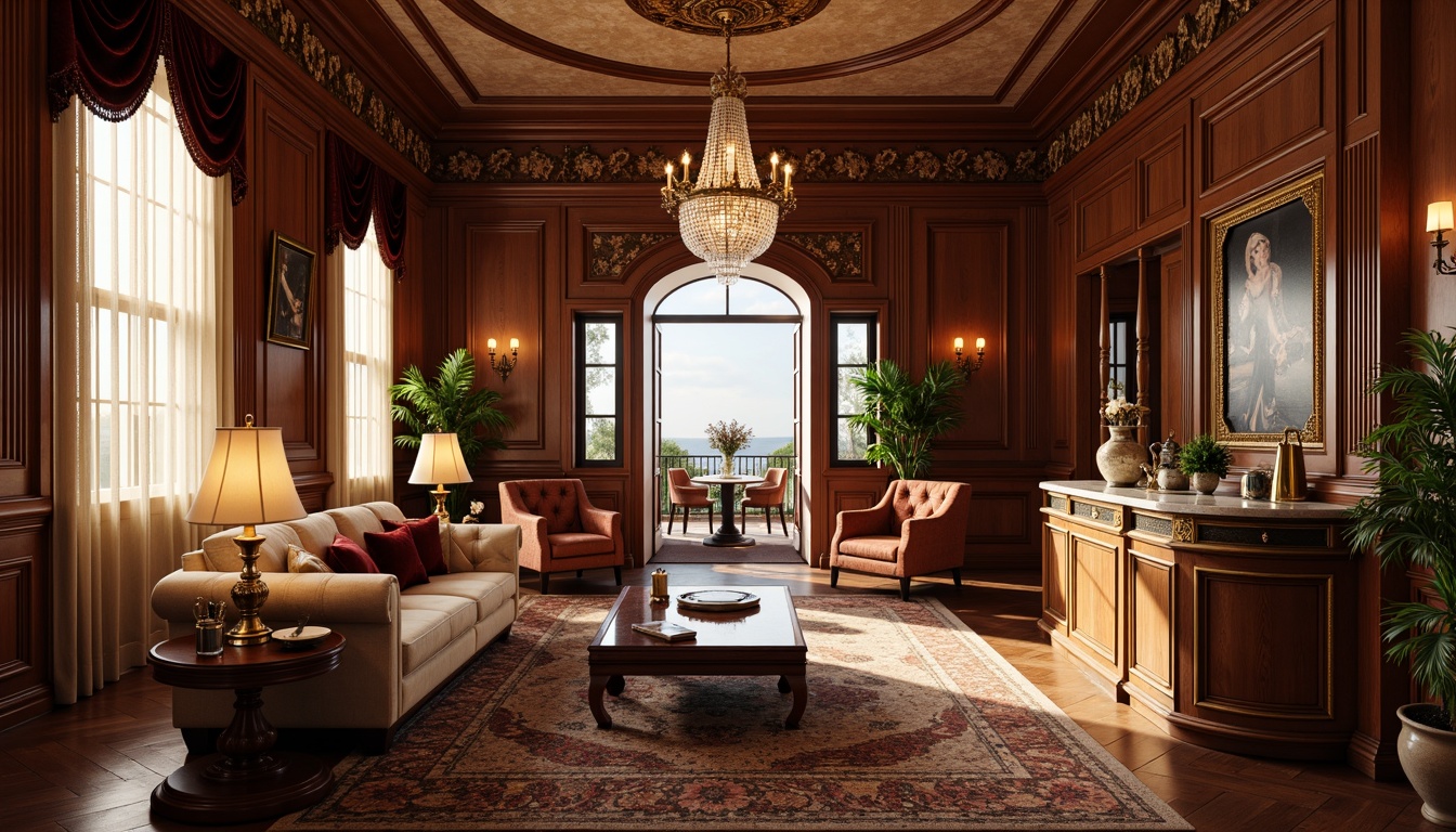 Prompt: Luxurious penthouse interior, classicism style, rich wood tones, ornate carvings, plush velvet upholstery, crystal chandeliers, marble countertops, lavish drapery, elegant curve-lined furniture, tufted leather sofas, antique bronze accents, warm golden lighting, shallow depth of field, 1/2 composition, soft focus, realistic textures, ambient occlusion.