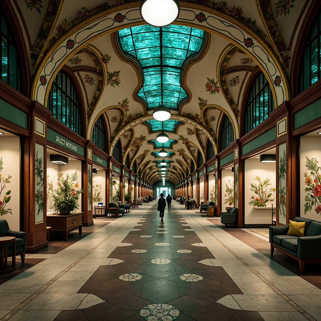 Prompt: \Grandiose metro station, ornate Art Nouveau details, sinuous curves, flowing lines, organic forms, earthy tones, rich turquoise, deep blues, emerald greens, warm golden accents, intricate mosaics, stained glass ceilings, elegant archways, refined ironwork, sophisticated lighting fixtures, polished marble floors, vibrant flower patterns, subtle gradient effects, dramatic chiaroscuro, 1/2 composition, atmospheric perspective, soft focus, cinematic mood.\Let me know if you need any adjustments!