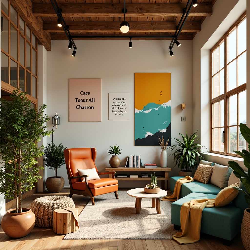 Prompt: Vibrant art studio, eclectic furniture, bold color blocks, abstract artwork, inspirational quotes, cozy reading nook, natural wood accents, modern track lighting, soft pastel hues, warm beige tones, rich turquoise accents, creamy white textures, rustic metal decor, earthy terracotta pots, lush greenery, serene ambiance, 1/1 composition, soft focus, warm golden lighting.