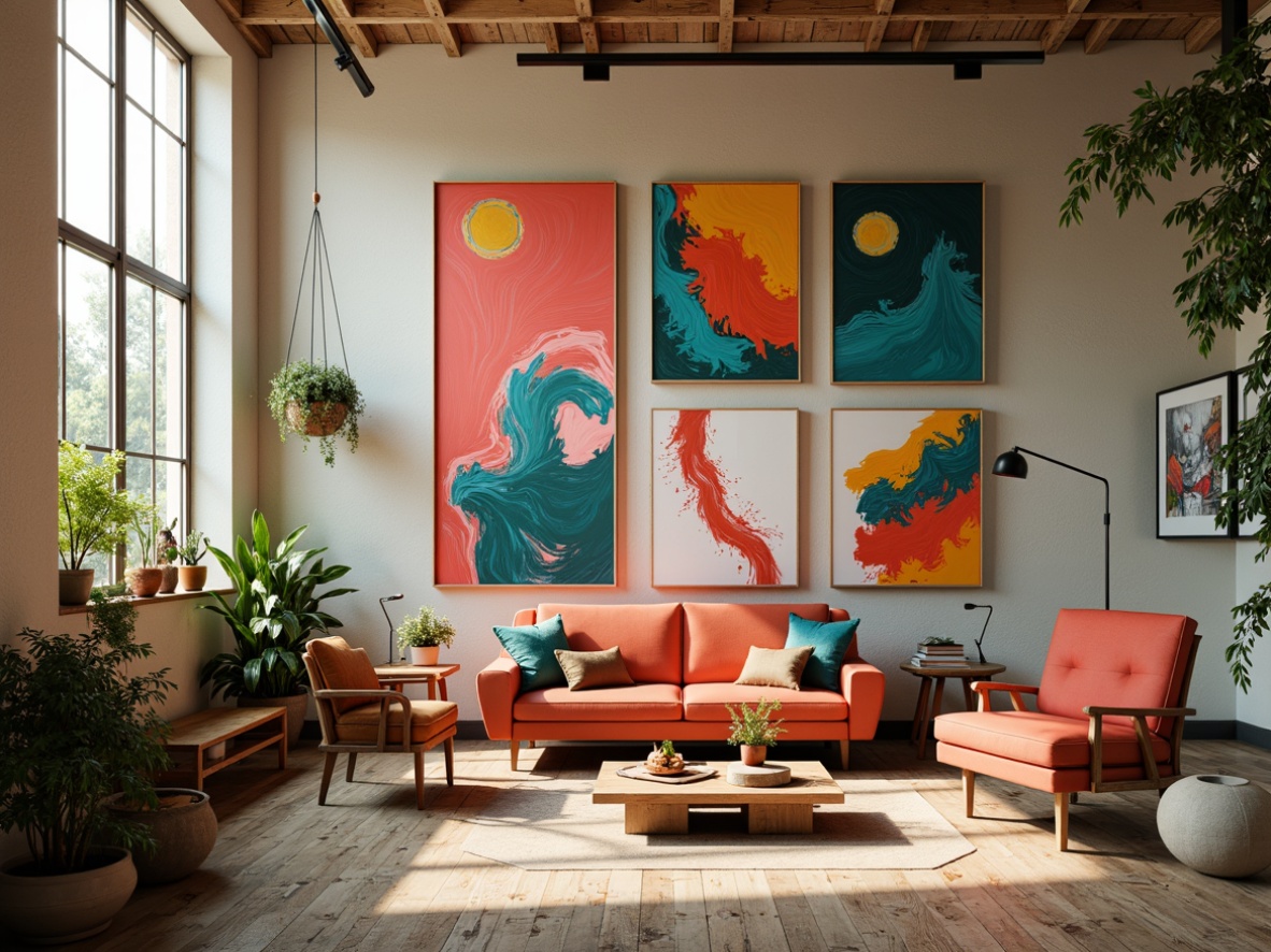 Prompt: Vibrant art studio, eclectic mix of colors, bold brushstrokes, textured canvases, abstract expressionism, modern artistic style, neutral beige background, pops of bright coral, deep teal accents, rich turquoise hues, warm golden lighting, soft focus, 3/4 composition, atmospheric perspective, realistic textures, subtle grain effect.