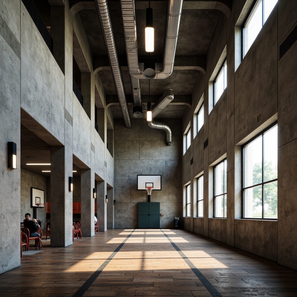 Prompt: Rough-hewn concrete walls, exposed ductwork, industrial-style lighting fixtures, brutalist architectural design, textured surfaces, weathered steel beams, distressed wooden floors, functional gym equipment, basketball hoops, athletic track lanes, sprint tracks, climbing ropes, metal railings, urban aesthetic, dramatic shadows, high-contrast lighting, 1/1 composition, shallow depth of field, realistic textures, ambient occlusion.