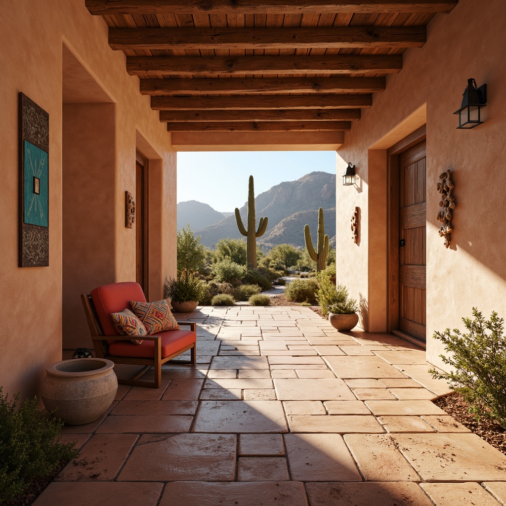 Prompt: Southwestern-style adobe buildings, earthy tone flooring, terracotta tiles, Saltillo-inspired patterns, rustic wooden planks, distressed textures, warm beige tones, sandy undertones, natural stone accents, hand-scraped surfaces, sun-bleached wood, desert landscape views, cacti silhouettes, turquoise accents, vibrant red and orange hues, woven wool textiles, geometric tribal patterns, bold black outlines, warm ambient lighting, shallow depth of field, 2/3 composition.