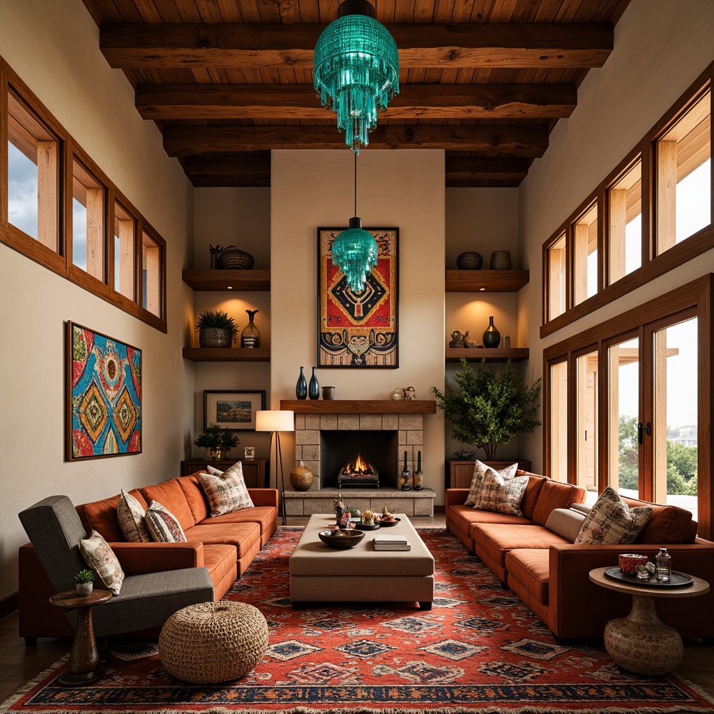 Prompt: Vibrant southwestern patterned rugs, rustic wooden accents, earthy tone walls, turquoise glass chandeliers, plush velvet sofas, chunky woven baskets, natural stone fireplaces, distressed leather armchairs, woven rattan coffee tables, ornate metal lanterns, bold geometric patterns, warm golden lighting, rich wood tones, luxurious upholstery fabrics, statement piece artwork, abstract Native American-inspired designs, grand high ceilings, lavish drapery, ambient warm glow, shallow depth of field, 1/2 composition, realistic textures, subtle ambient occlusion.