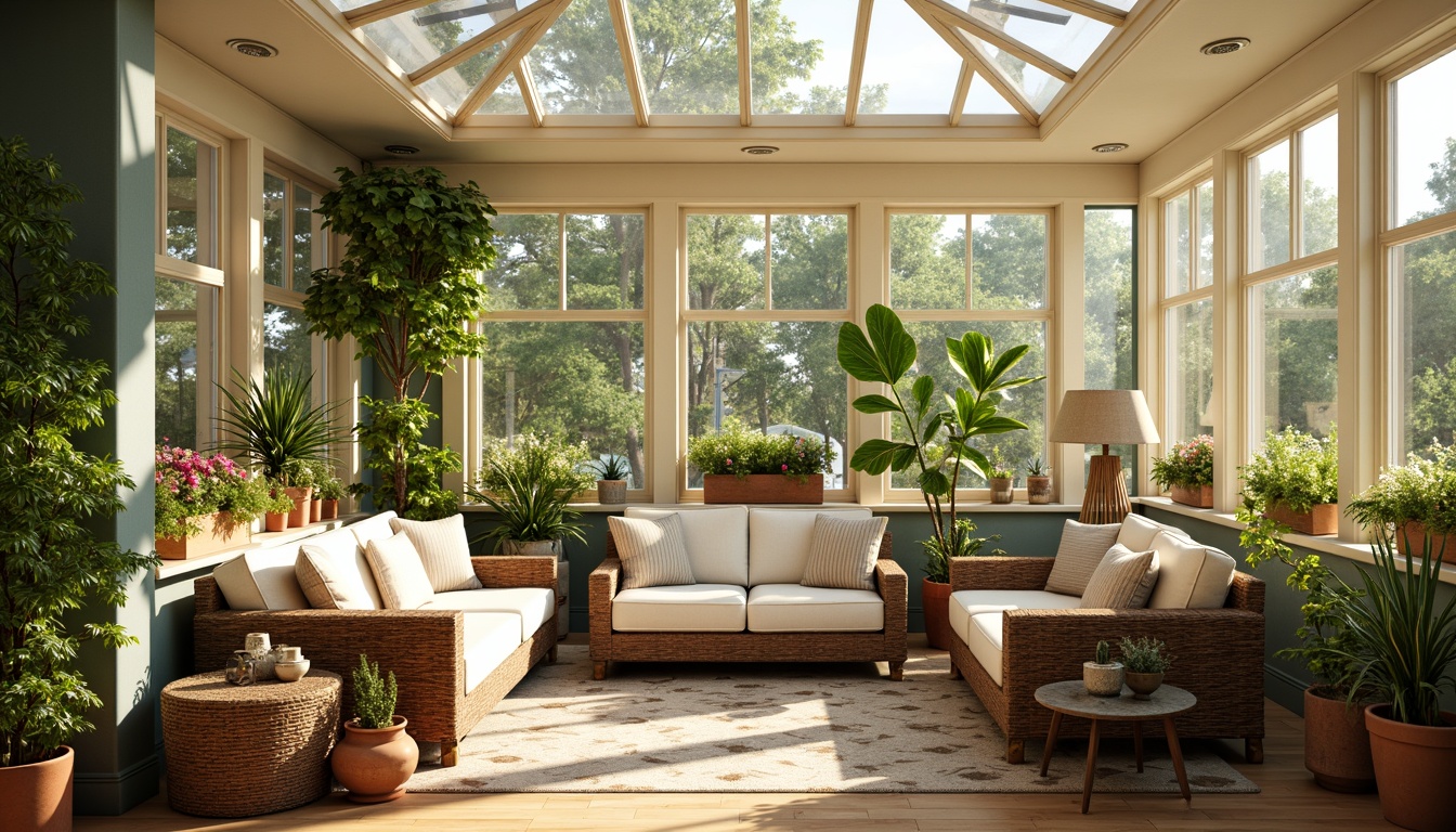 Prompt: Vibrant sunroom, warm natural light, bright skylight, lush greenery, blooming flowers, comfortable wicker furniture, plush throw pillows, earthy terracotta pots, soft beige walls, calming blue accents, creamy white trim, warm wooden floors, rustic metal decor, airy atmosphere, sunny day, gentle warm lighting, shallow depth of field, 1/1 composition, realistic textures, ambient occlusion.