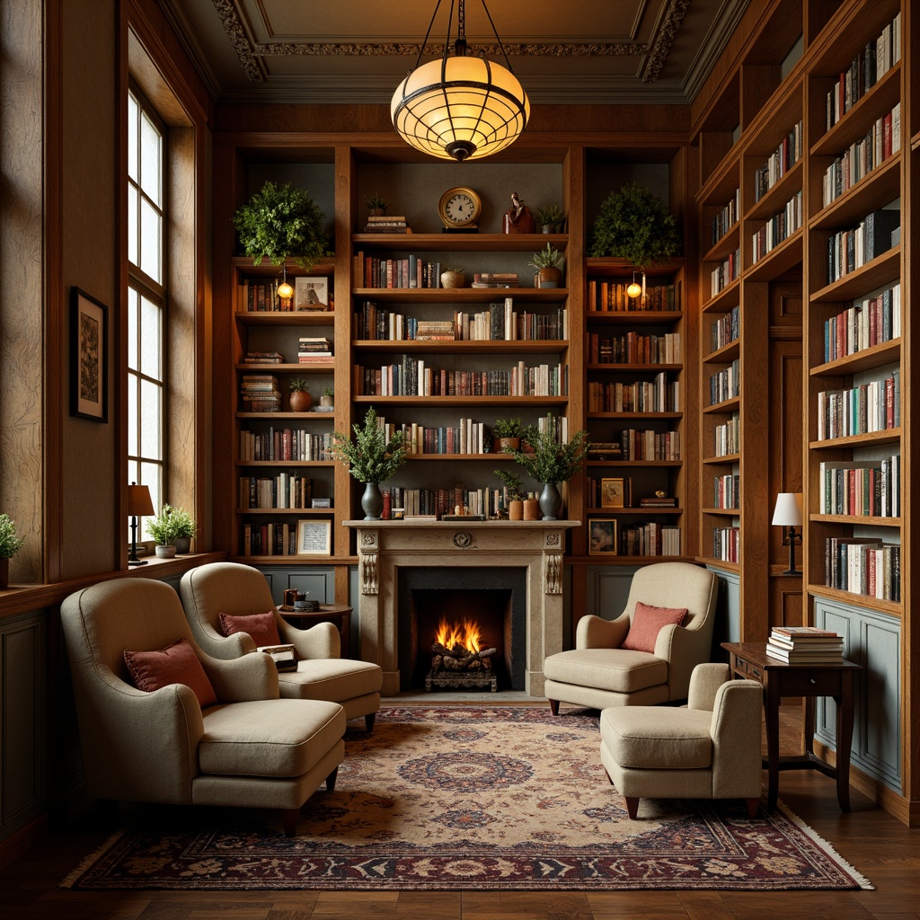 Prompt: Cozy bookstore interior, warm wooden shelves, vintage book collections, plush armchairs, soft cushions, earthy tone walls, rich brown floors, comfortable reading nooks, elegant chandeliers, warm golden lighting, subtle shadows, 1/1 composition, intimate atmosphere, realistic textures, ambient occlusion, warm beige color palette, muted green accents, deep blue undertones.