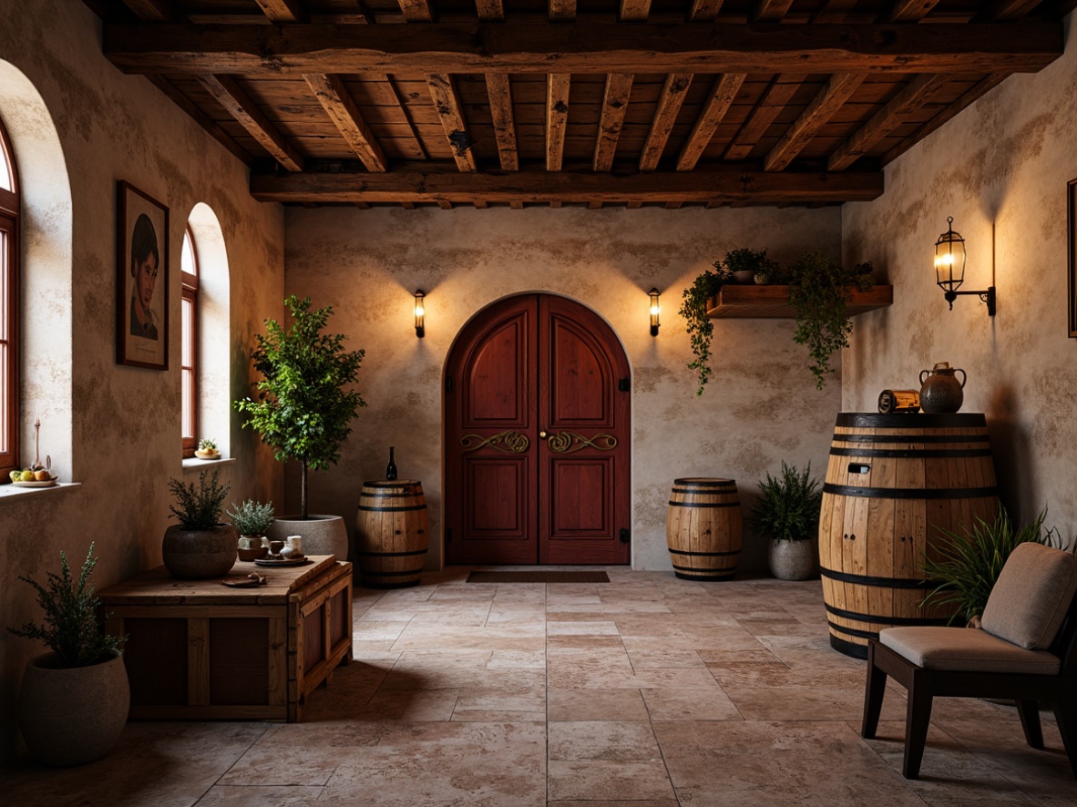 Prompt: Rustic winery interior, distressed wood accents, earthy stone walls, vintage wine barrels, wooden crates, dim warm lighting, rich red tones, ornate metalwork, arched doorways, natural stone flooring, reclaimed wood ceiling beams, traditional European-inspired decor, soft warm color palette, subtle texture variations, atmospheric misting, 1/2 composition, cozy intimate atmosphere, realistic wood grain textures.