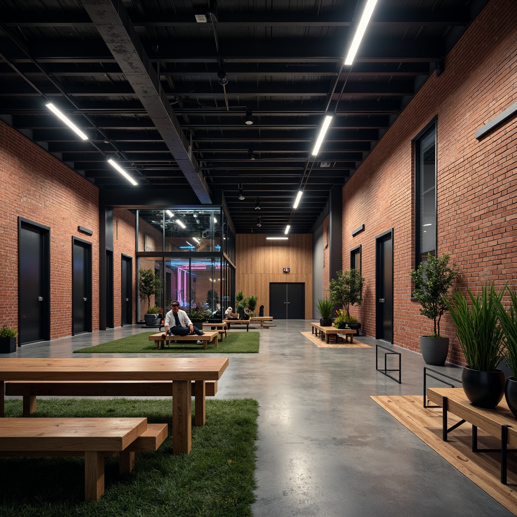 Prompt: Industrial-style gym interior, exposed brick walls, metal beams, polished concrete floors, rubber athletic flooring, artificial turf, wooden accents, metallic equipment, sleek glass partitions, neon lighting, modern minimalist decor, bold color scheme, high-contrast textures, abstract geometric patterns, dynamic shadows, 1/1 composition, dramatic low-angle shot, cinematic lighting effects.