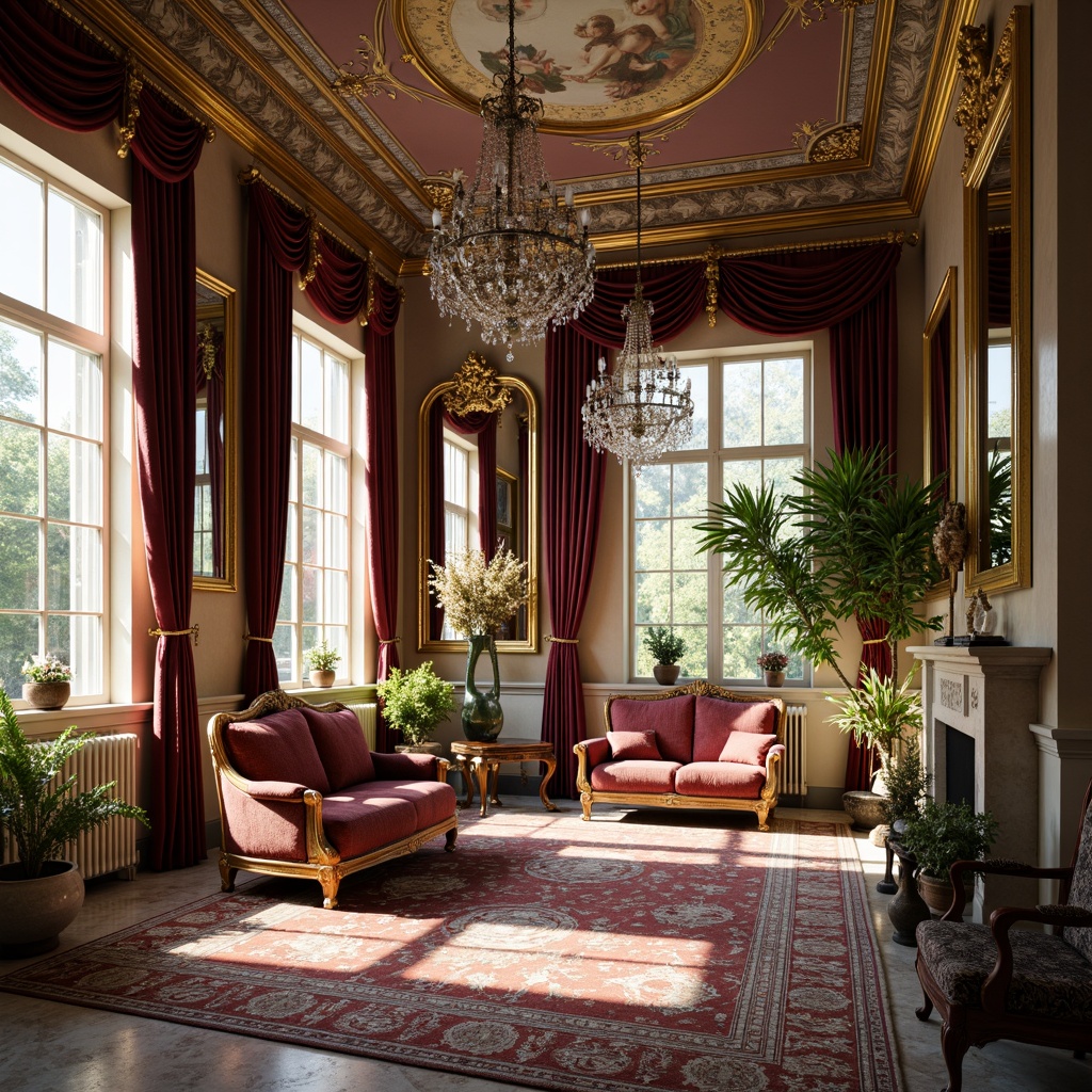 Prompt: Opulent sunroom, lavish furnishings, rich velvet fabrics, intricate golden frames, ornate mirrors, crystal chandeliers, marble floors, decorative moldings, grandiose architectural details, warm natural light, soft diffused shadows, Renaissance-inspired patterns, luxurious textiles, jewel-toned color palette, dramatic curtain draping, elegant furniture silhouettes, subtle Baroque nuances, lavish ornamentation, richly textured walls, regal ambiance, majestic ceiling heights, elaborate frescoes, gilded accents, sumptuous atmosphere.