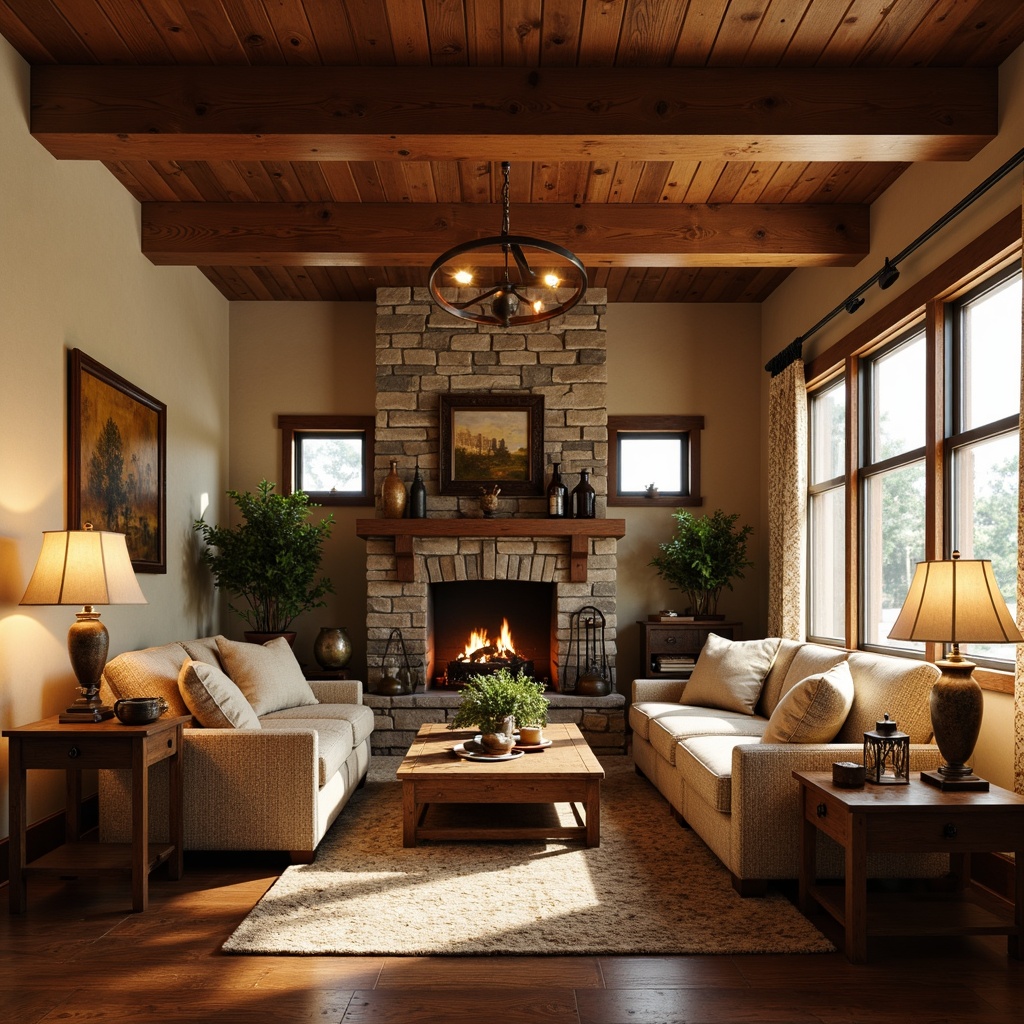 Prompt: Warm and inviting craftsman living room, rustic wooden accents, natural stone fireplace, earthy tones, soft warm lighting, table lamps with linen shades, floor lamps with wooden bases, pendant lights with metal craftsmanship, candles in mercury glass holders, warm beige walls, rich wood flooring, comfortable plush furniture, vintage decorative items, cozy reading nook, large windows with natural light, sheer curtains with subtle patterns, 1/1 composition, softbox lighting, realistic textures, ambient occlusion.