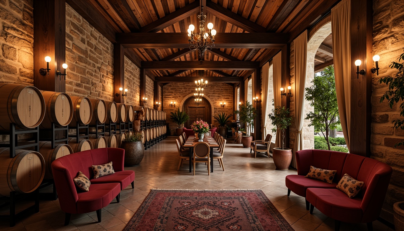 Prompt: Rustic winery interior, earthy color palette, wooden barrel accents, stone walls, exposed brick, vintage wine-making equipment, dim warm lighting, wooden ceiling beams, wrought iron chandeliers, distressed wood textures, ornate metalwork, traditional archways, rich red and gold tones, Mediterranean-inspired decor, natural fiber rugs, plush velvet furnishings, intimate ambiance, dramatic drapery, soft warm glow, 1/1 composition, shallow depth of field.