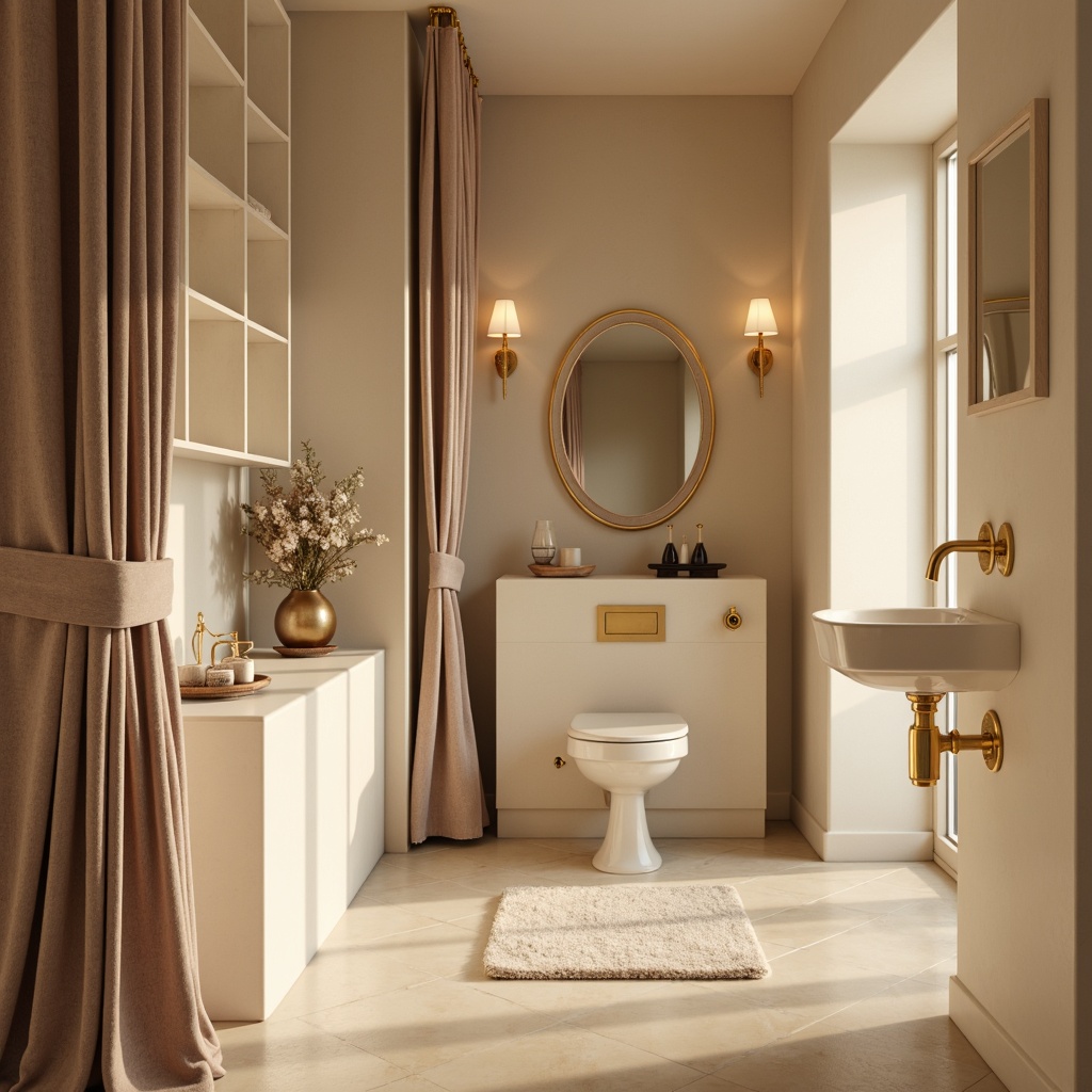 Prompt: Soft powder room ambiance, calming beige walls, warm creamy flooring, delicate porcelain fixtures, elegant gold accents, luxurious velvet drapes, subtle sheen finishes, softbox lighting, gentle pastel hues, romantic candlelight, 3/4 composition, shallow depth of field, realistic textures, ambient occlusion.