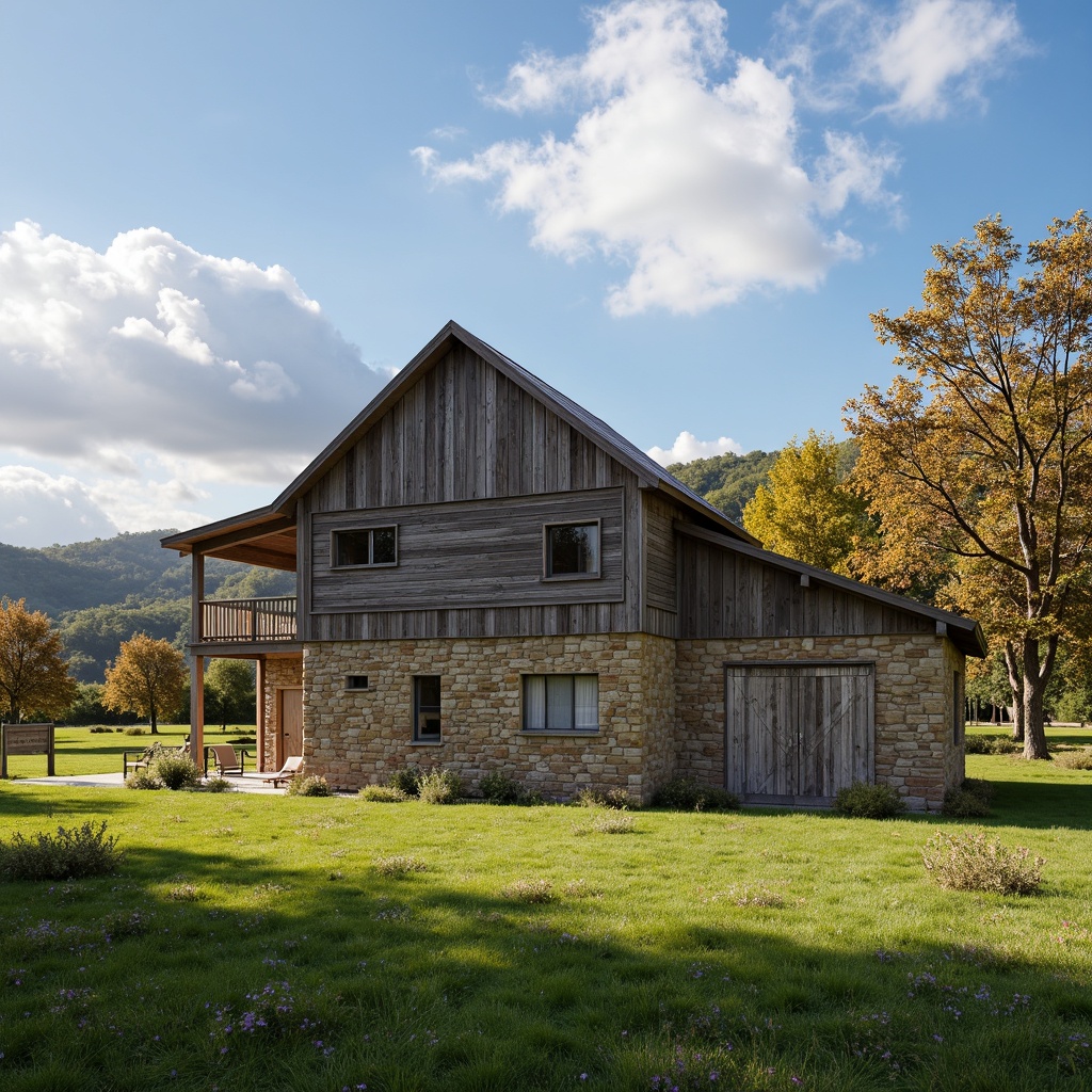 Prompt: Rustic farmhouse, natural stone exterior, weathered wood cladding, horizontal boards, metal roofing, corrugated iron sheets, distressed wooden planks, vintage barn doors, countryside surroundings, rolling hills, green pastures, scattered trees, cloudy blue sky, warm sunlight, soft shadows, shallow depth of field, 1/1 composition, realistic textures, ambient occlusion.