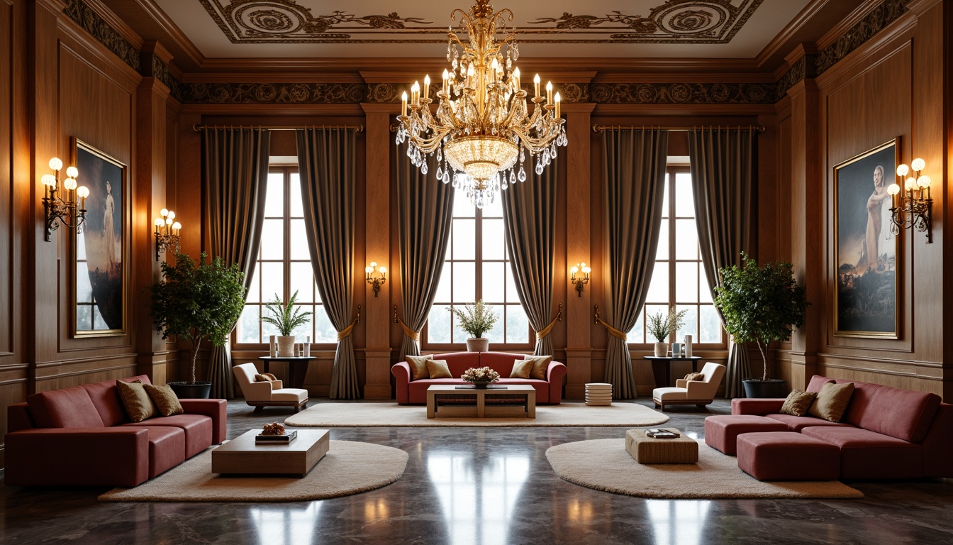 Prompt: Elegant neoclassical interior, ornate moldings, crystal glass chandeliers, luxurious furnishings, velvet drapes, rich wood paneling, marble floors, subtle glass accents, delicate etchings, sophisticated color palette, soft warm lighting, shallow depth of field, 1/1 composition, symmetrical framing, realistic textures, ambient occlusion.