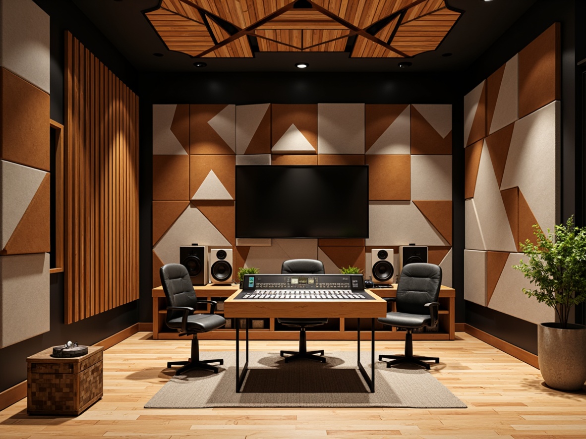 Prompt: Modern recording studio, soundproofed walls, triangular acoustic panels, wooden diffusers, fabric-wrapped absorption materials, sleek metal frames, high-gloss finishes, professional audio equipment, microphone stands, soundboards, mixing consoles, ambient soft lighting, 1/2 composition, shallow depth of field, warm earthy tones, natural textures.