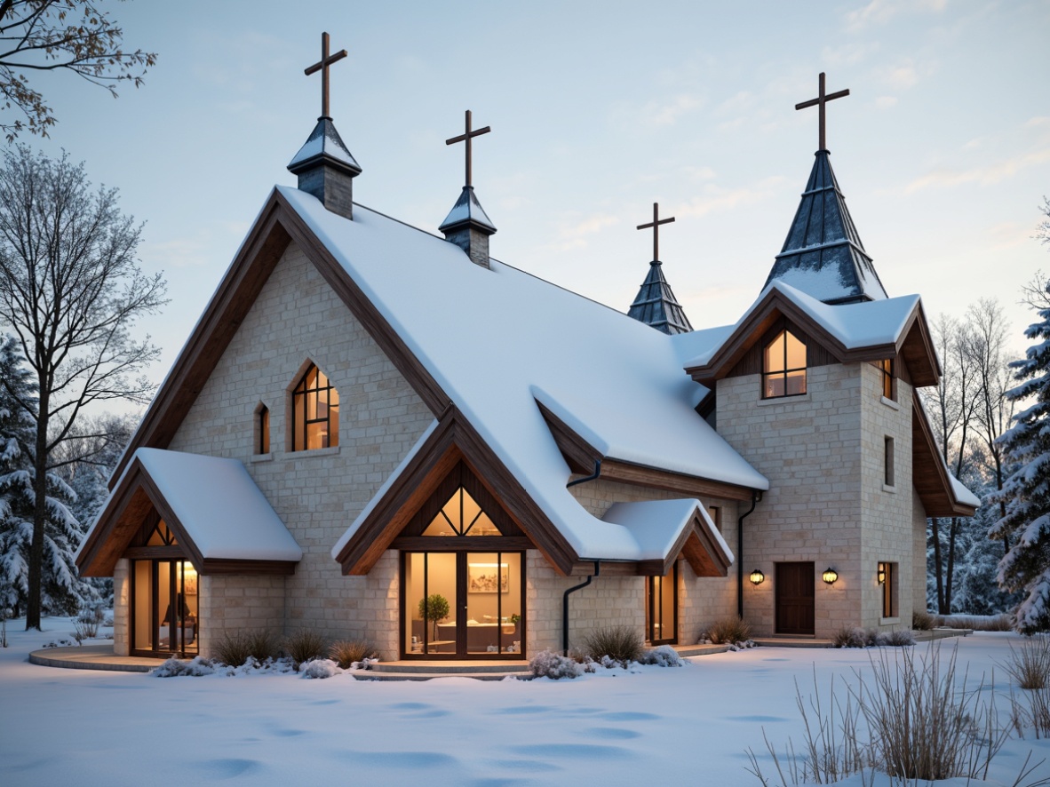 Prompt: Snow-covered church rooftops, wooden Nordic crosses, minimalist stone fa\u00e7ades, simple yet elegant bell towers, rustic wooden doors, metal lanterns, candlelit interiors, serene natural surroundings, frosted glass windows, warm beige stonework, cozy atmospheric lighting, shallow depth of field, 1/1 composition, realistic textures, ambient occlusion, pine trees, frozen lakes, misty morning, soft warm sunlight.